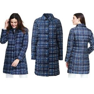 Lands' End Navy Blue White Plaid Long Coat Primaloft SZ 14 Long